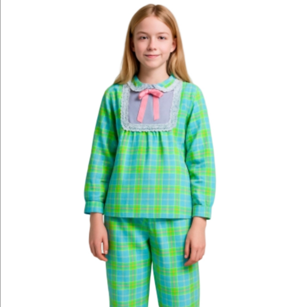Vintage Rare 1960 Blue Green Gingham Plaid Lace Pajama Set Girl 2 Piece Sz14 New
